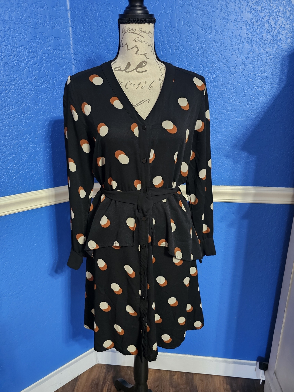 Black Polka Dot Dress W Built-In Peplum